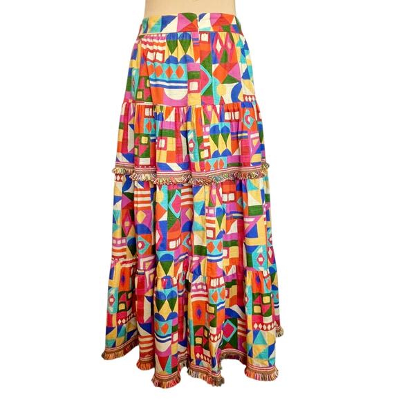 Antonio Melani Bold Multicolor Tiered Maxi Skirt Size 6 Fringed Resort Cruise - Picture 2 of 9